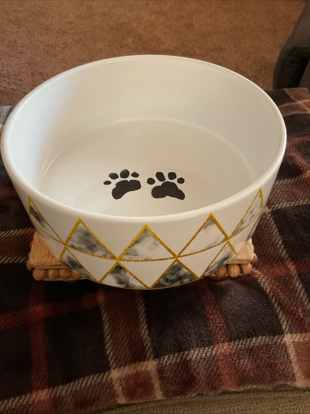 Paw print design Dog Bowl by Park Life Designs White/Gold/Gray Triangles 8.5”